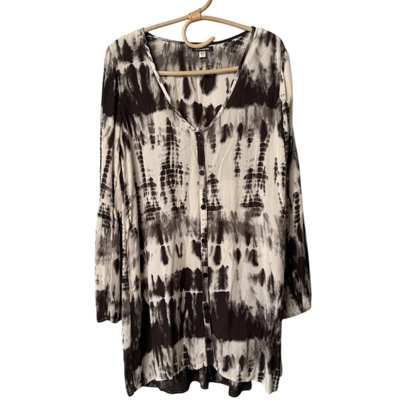 Billabong Oversized Shirt Dress With Bell Sleeve Gauzy Brown White Jr Large - Picture 2 of 15